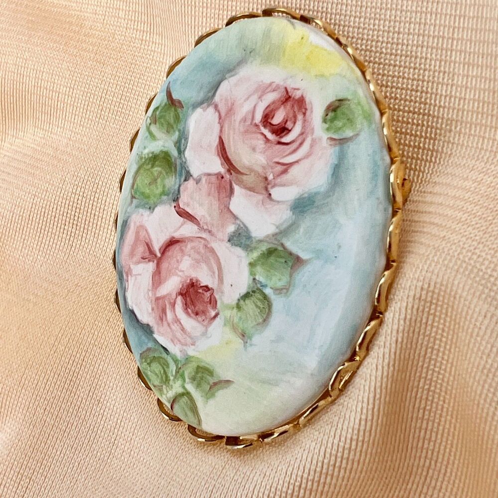 MCM Hand-painted Victorian Revival Porcelain Brooch Pink Roses Gold Filigree